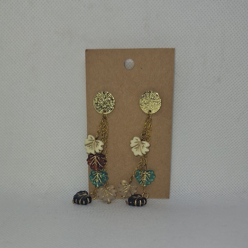 Elegant Gold Tone and Multicolor Leaf Dangle Earrings
